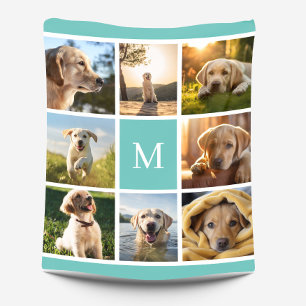 8 Photo Collage Monogram Turquoise Custom Fleece Blanket