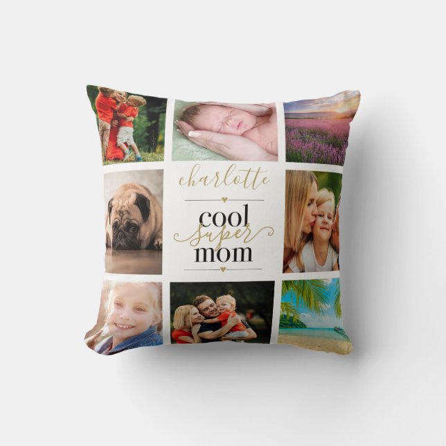 8 Photo Collage Personalised Cool Super Mum Cushion (Front)