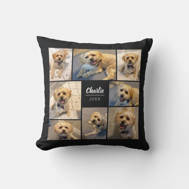 8 Photo Collage | Pet Name Black Cushion (Front)
