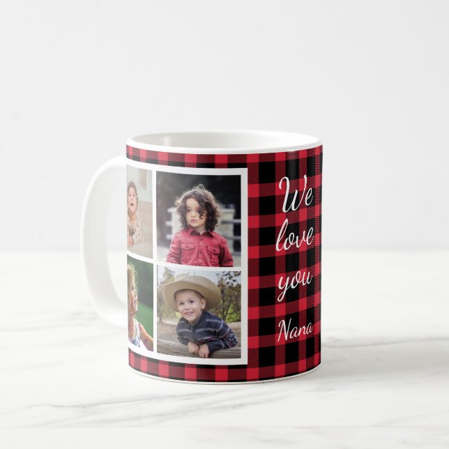 8 Photo Collage Red Buffalo Plaid Grandma Coffee Mug (Front Left)