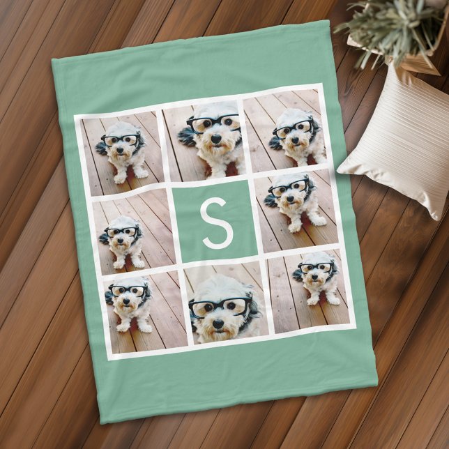 8 Photo Collage Single Monogram - Mint Green Fleece Blanket (Personalized fleece blanket with 8 photos and a monogram)