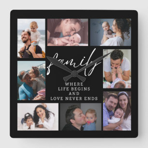 8 Photo Collage Template Family Love Quote Black Square Wall Clock