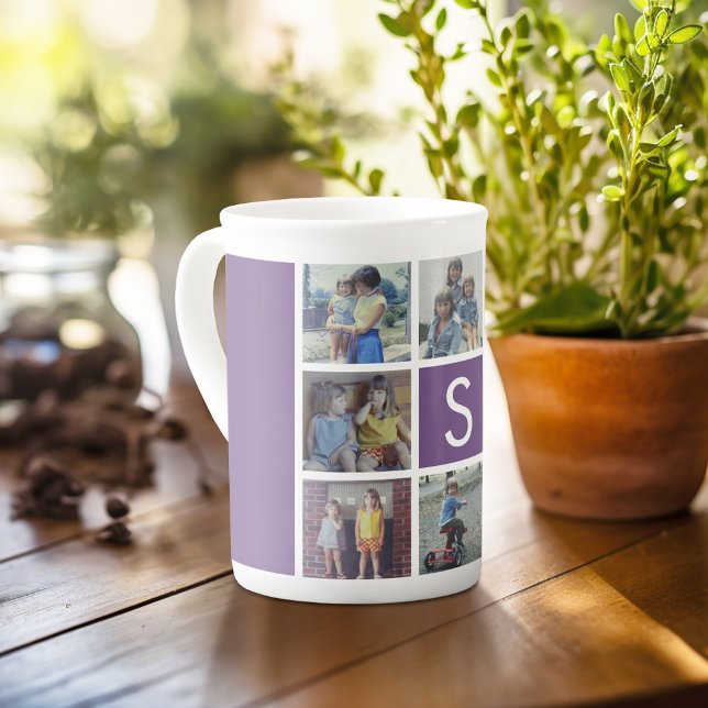 8 Photo Collage with a Centre Custom Monogram Bone China Mug (Personalized mug with photos and text, customize completely in the advanced design area)