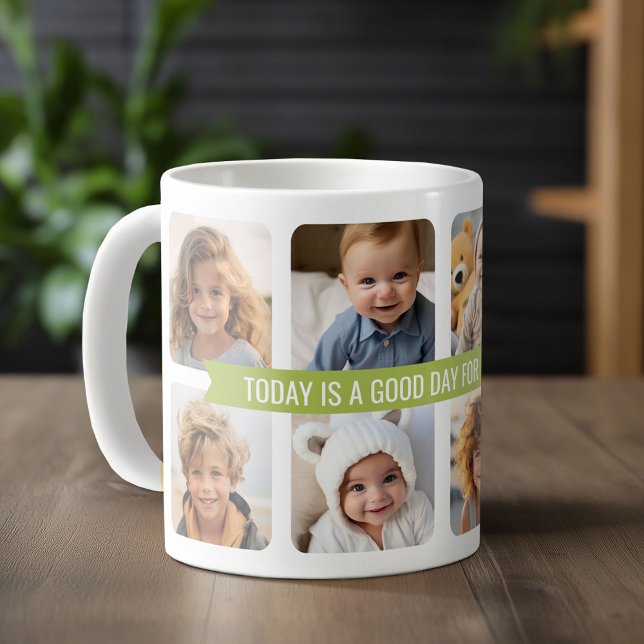 8 Photo Collage with Custom Text Ribbon - Green Coffee Mug (Custom Photo Mug)