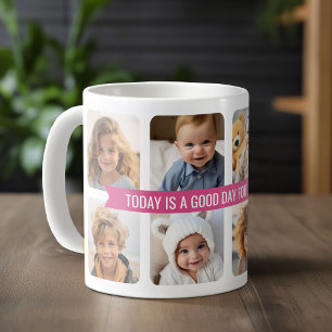 8 Photo Collage with Custom Text Ribbon - Pink Coffee Mug