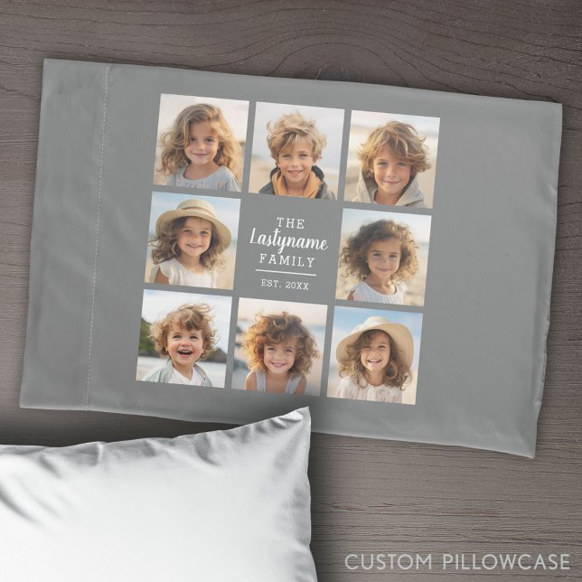 8 Photo Collage with Grey Centre Text Area Pillowcase (Create Your Own Photo Collage Pillowcase)