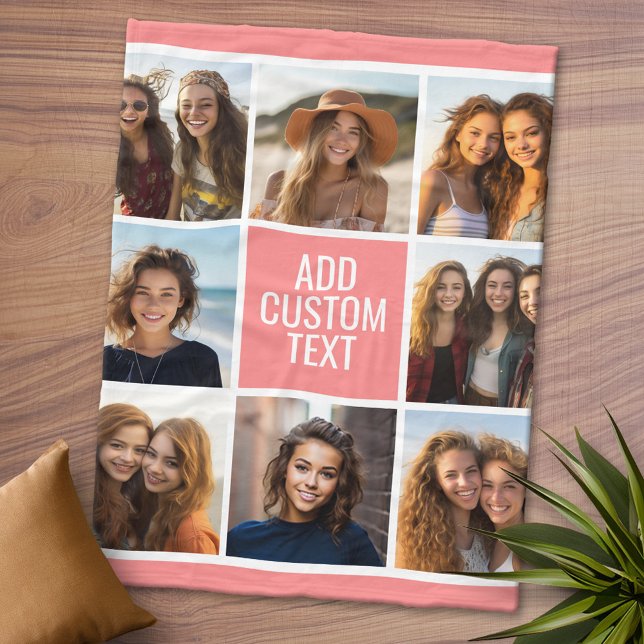 8 Photo Coral Peach Collage Custom Monogram Fleece Blanket (Personalized Fleece Blanket - Add Photos and Text or Customize completely in advanced design area)
