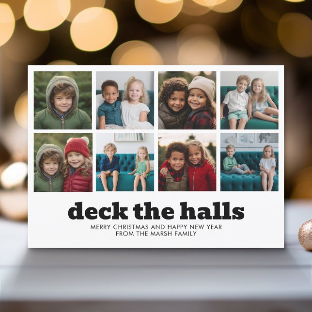8 Photo Deck Halls Black White Christmas Plaid Holiday Card (Modern Holiday Greeting Card with a Family Photo)