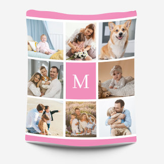 8 Photo Family Collage Monogram Pink Custom Fleece Blanket