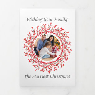 8 Photo Family Letter Red Berry Wreath Tri-Fol Tri-Fold Holiday Card
