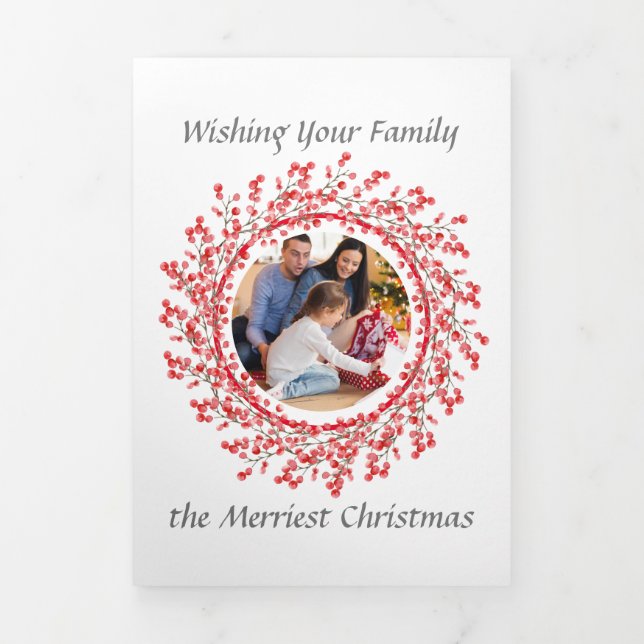 8 Photo | Family Letter | Red Berry Wreath Tri-Fol Tri-Fold Holiday Card (Cover)