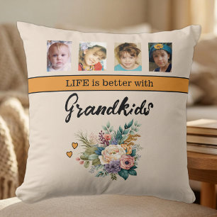 8 photo grandkids flowers orange cushion
