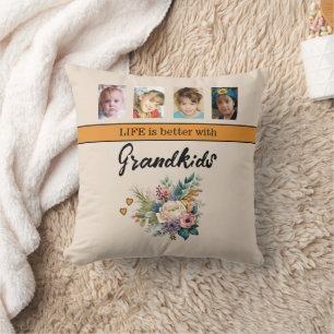 8 photo grandkids flowers orange cushion