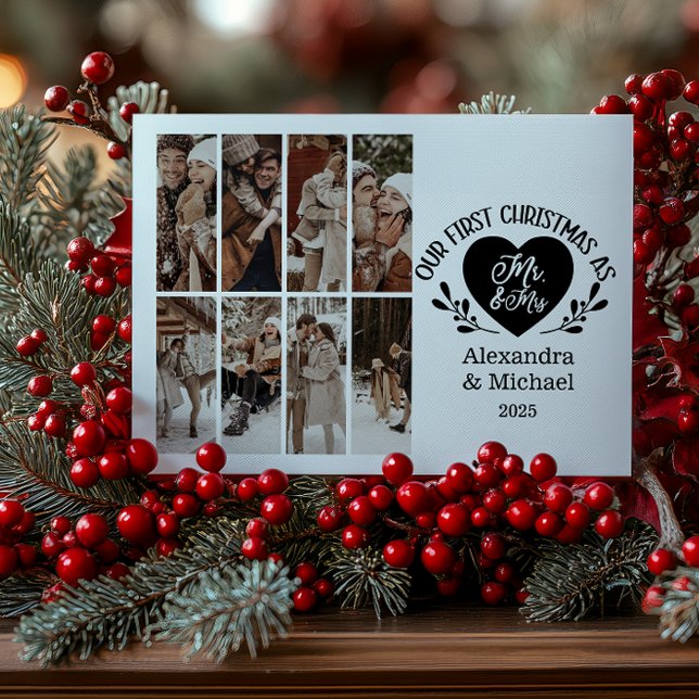 8 Photo Heart First Christmas as Mr & Mrs Holiday Card (Creator Uploaded)