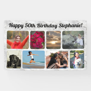 8 Photo Modern Marble Collage Birthday Party Banner
