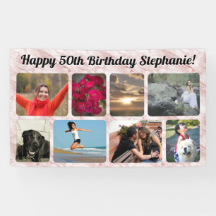 8 Photo Modern Pink Marble Collage Birthday Party Banner