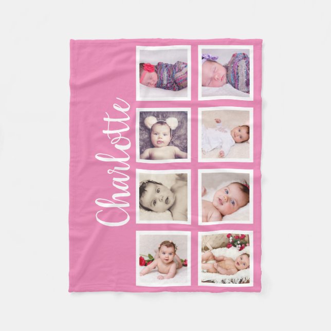 8 Photo Personalised Custom (pink) Fleece Blanket (Front)