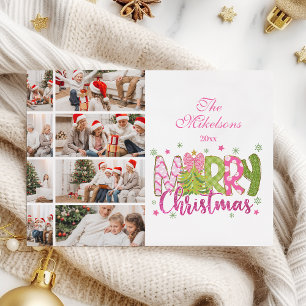 8 Photo Pink Green Bow Tree Merry Christmas Holiday Card