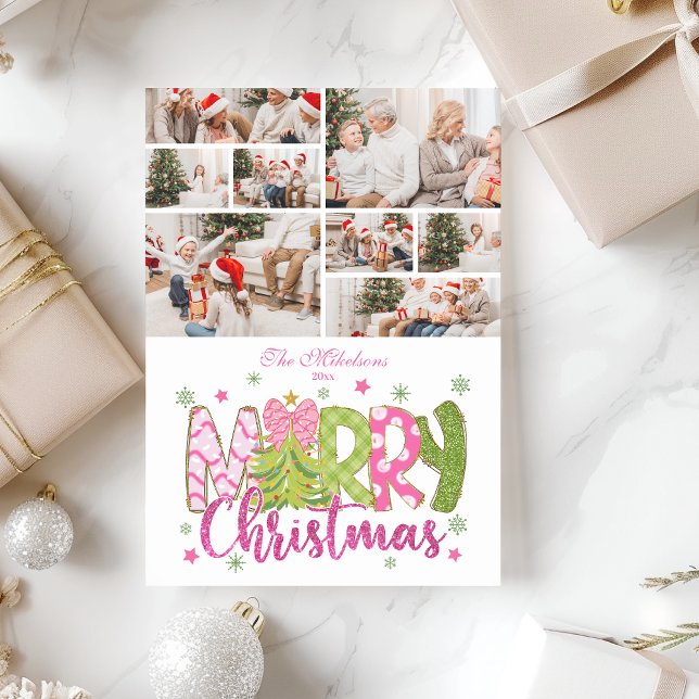 8 Photo Pink Green Bow Tree Merry Christmas Holiday Card (Creator Uploaded)