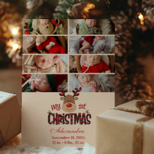 8 Photo Plaid Reindeer Baby First Christmas Holiday Card