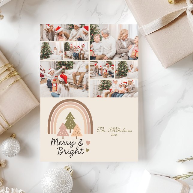 8 Photo Retro Rainbow Merry & Bright  Holiday Card (Creator Uploaded)