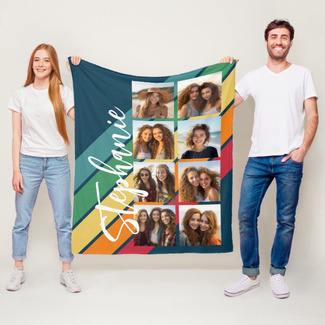 8 Photo Retro stripe pattern rainbow monogram Fleece Blanket (In Situ)