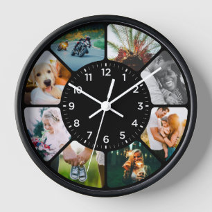 8 Photo Rounded Clock Black