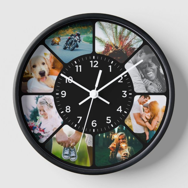 8 Photo Rounded Clock Black (Front)