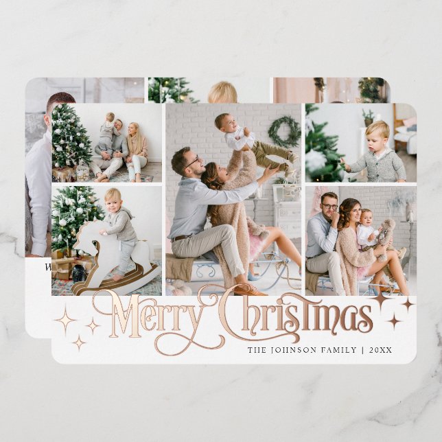 8 PHOTO Sparkle Merry Christmas Rose Gold Foil Holiday Card (Front/Back)