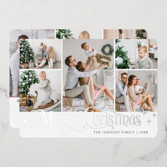8 PHOTO Sparkle Merry Christmas Silver Foil Holiday Card (Front/Back)