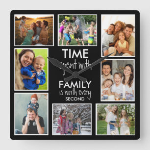 8 Photo Template Time With Family Quote Black  Square Wall Clock