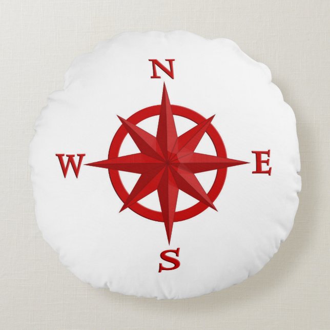 8-Point Compass Rose, Deep Red and White Round Cushion (Front)