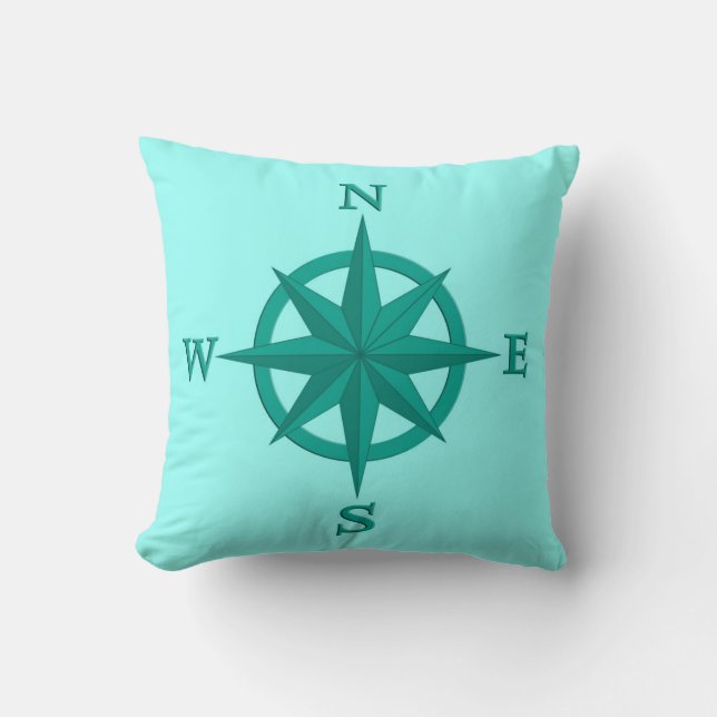 8-Point Compass Rose, Turquoise and Aqua Cushion (Front)