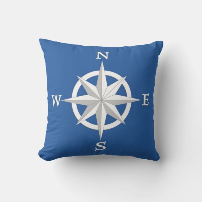 8-Point Compass Rose, White and Cobalt Blue Cushion (Front)