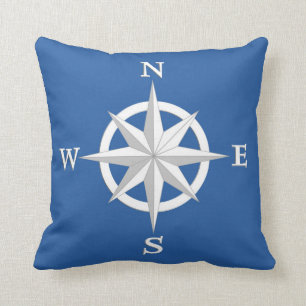 8-Point Compass Rose, White and Cobalt Blue Cushion