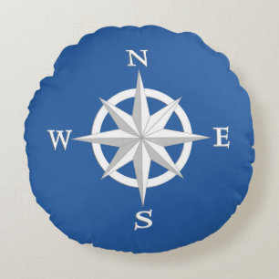 8-Point Compass Rose, White and Cobalt Blue Round Cushion