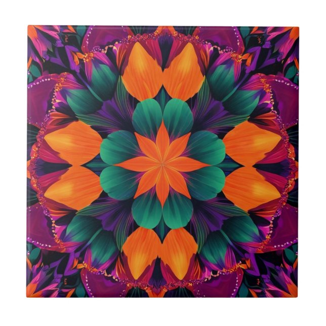 8 Point Orange floral Tile (Front)