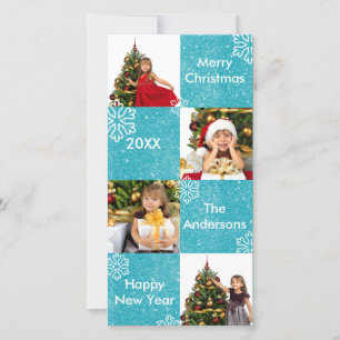 8 Squares Blue Glitter Snow - Christmas Photo Card