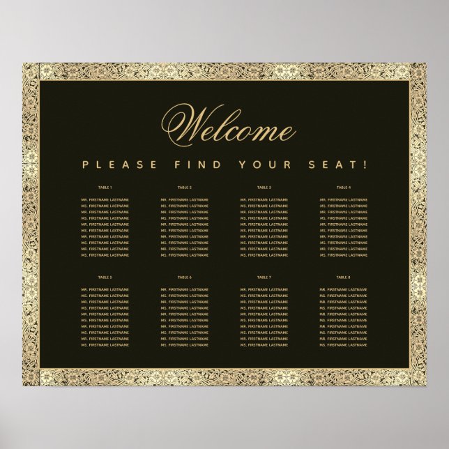 8 Table Black Gold Elegant Vintage Seating Chart (Front)