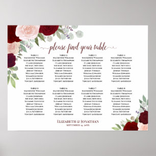 8 Table Burgundy, Red & Pink Roses Seating Chart