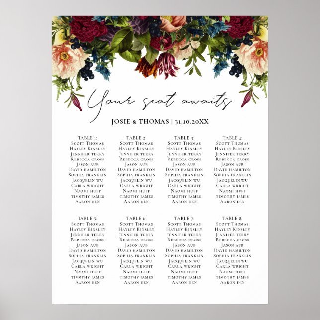 8 table Moody Floral Burgundy Wedding Seating Plan Poster (Front)