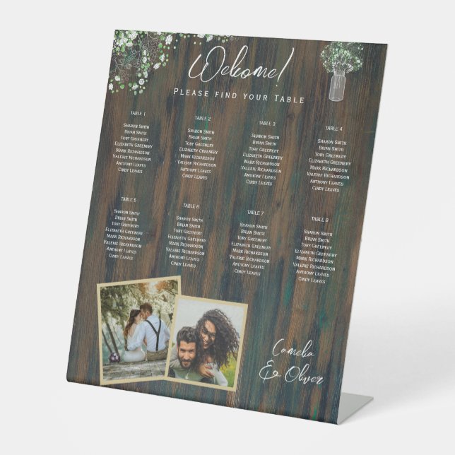 8 Table Rustic Wood Gypsophila PHOTO SEATING Pedestal Sign (Front)