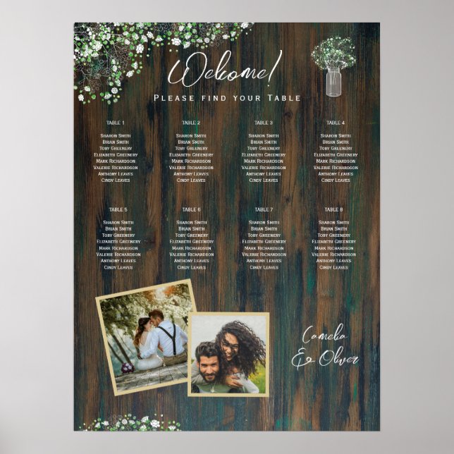 8 Table Rustic Wood Gypsophila PHOTO SEATING Poster (Front)