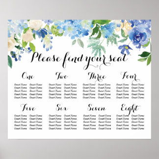 8 Table Seating Chart - Blue Florals and Hydrangea