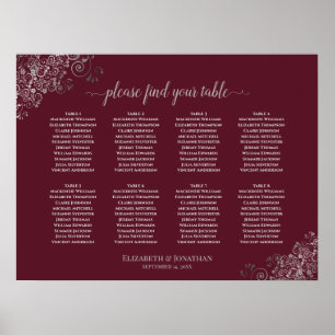8 Table Silver Lace Burgundy Wedding Seating Chart