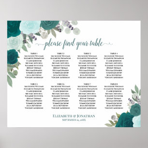 8 Table Teal Roses Elegant Wedding Seating Chart