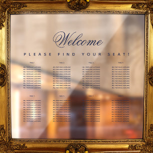 8 Table Transparent Navy Blue Script Seating Chart Window Cling