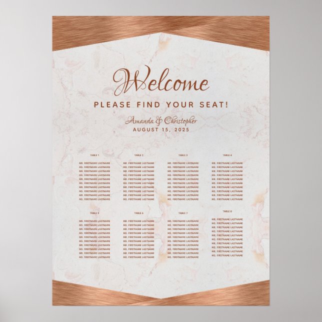 8 Table Wedding Seating Chart Copper Marble Script (Front)