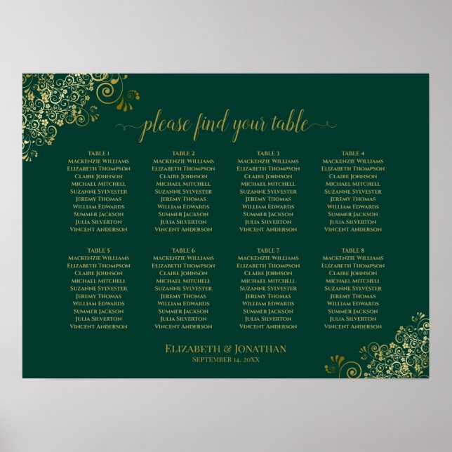 8 Table Wedding Seating Chart Emerald Green & Gold (Front)