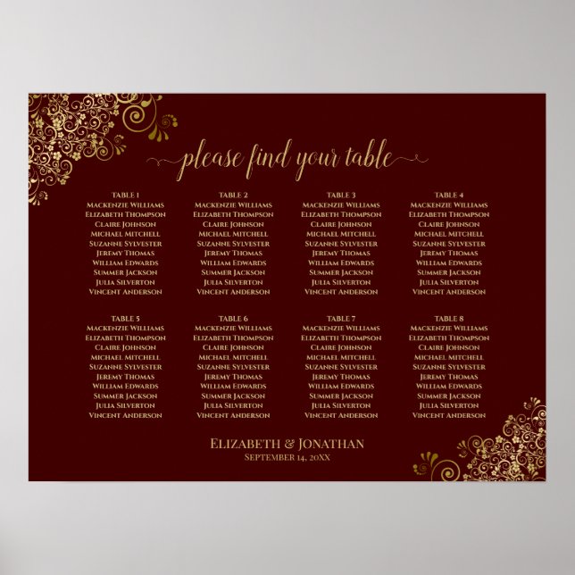 8 Table Wedding Seating Chart Gold Frills Auburn (Front)